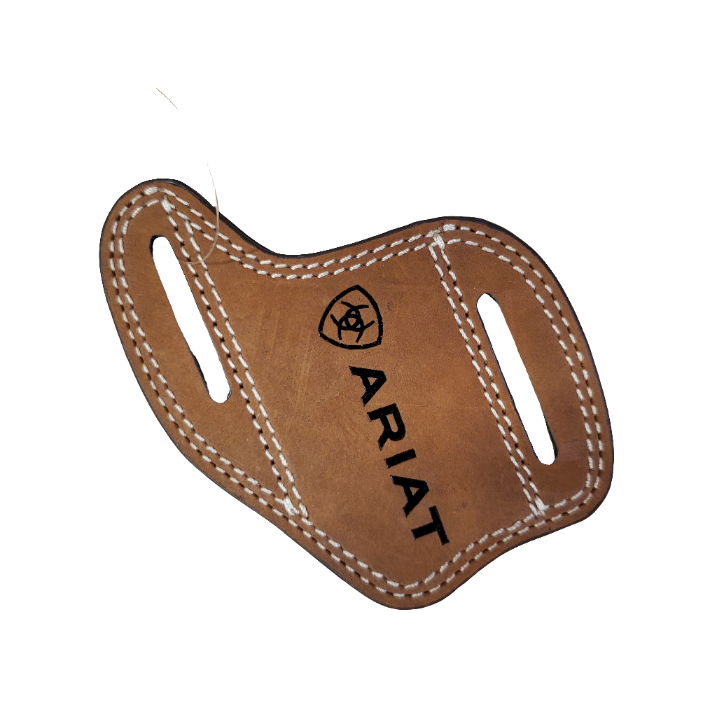 Bomber Brown leather pancake knife sheath with a logo embossed on the top, designed to fit most belts.