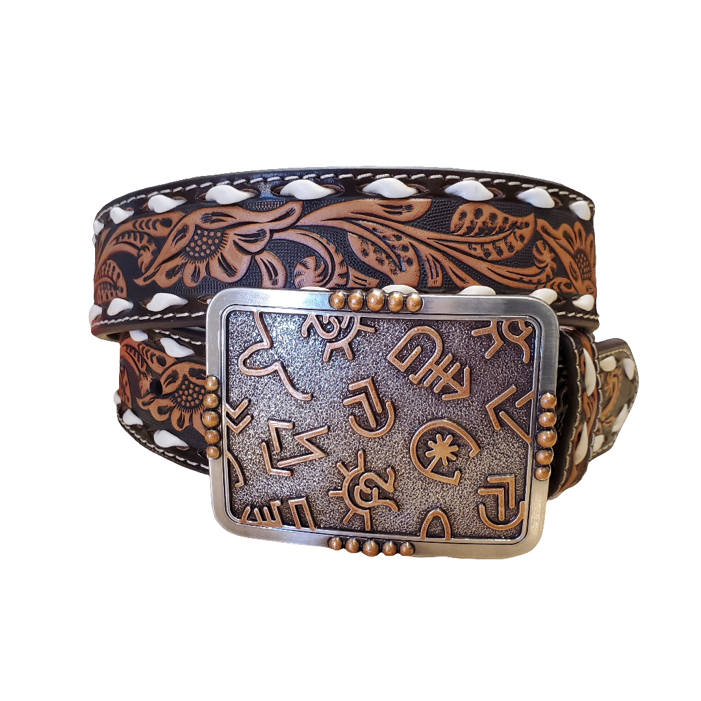 Two tone floral tooled leather belt with buckstitch and a belt buckle with brands on a white background