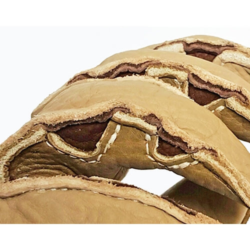 Close-up of a brown leather glove with stitching details on a white background
