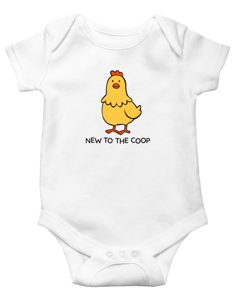 White Ganz baby onesie with a yellow chick graphic and 'New to the Coop' text on a white background