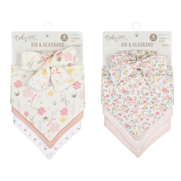 Two packaged sets of Baby Ganz bibs and headbands displayed side by side on a white background. Each set includes a floral bib with a bow, a small floral headband, and two smaller striped and polka-dot bands underneath, all on white hanger cards.