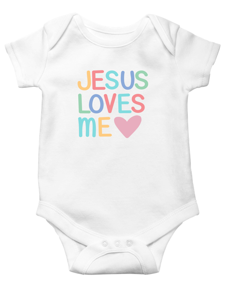 White Ganz baby onesie with 'Jesus Loves Me' text in colorful letters on a white background