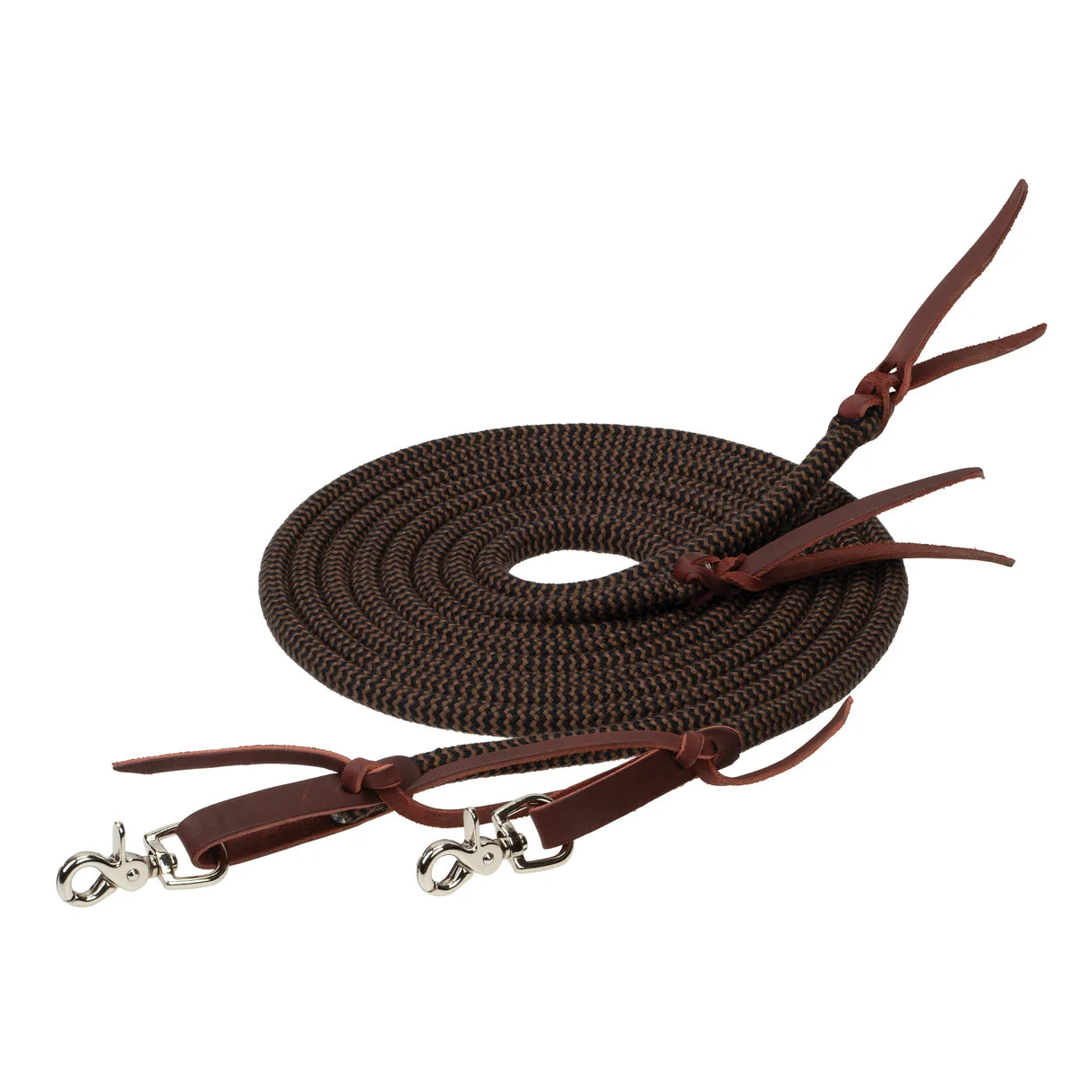 brown coiled bamboo split reins with trigger snaps on ends with a white background