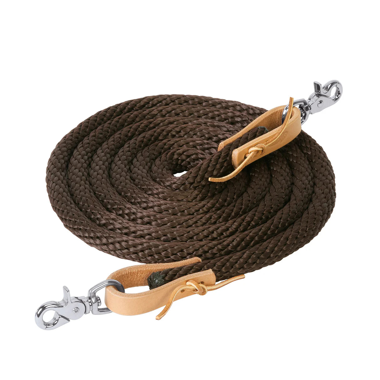 Coiled Brown poly rope rein with leather ends and trigger snaps on a white background