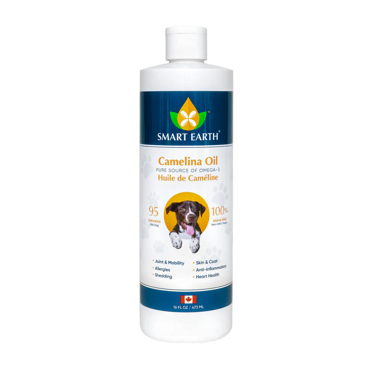 a white bottle of smart earth camelina oil with a dog on the label