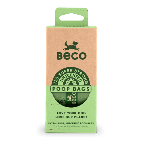 Beco extra large unscented poop bags in a kraft paper and light green cardboard hanging box, featuring the brand logo and product details.