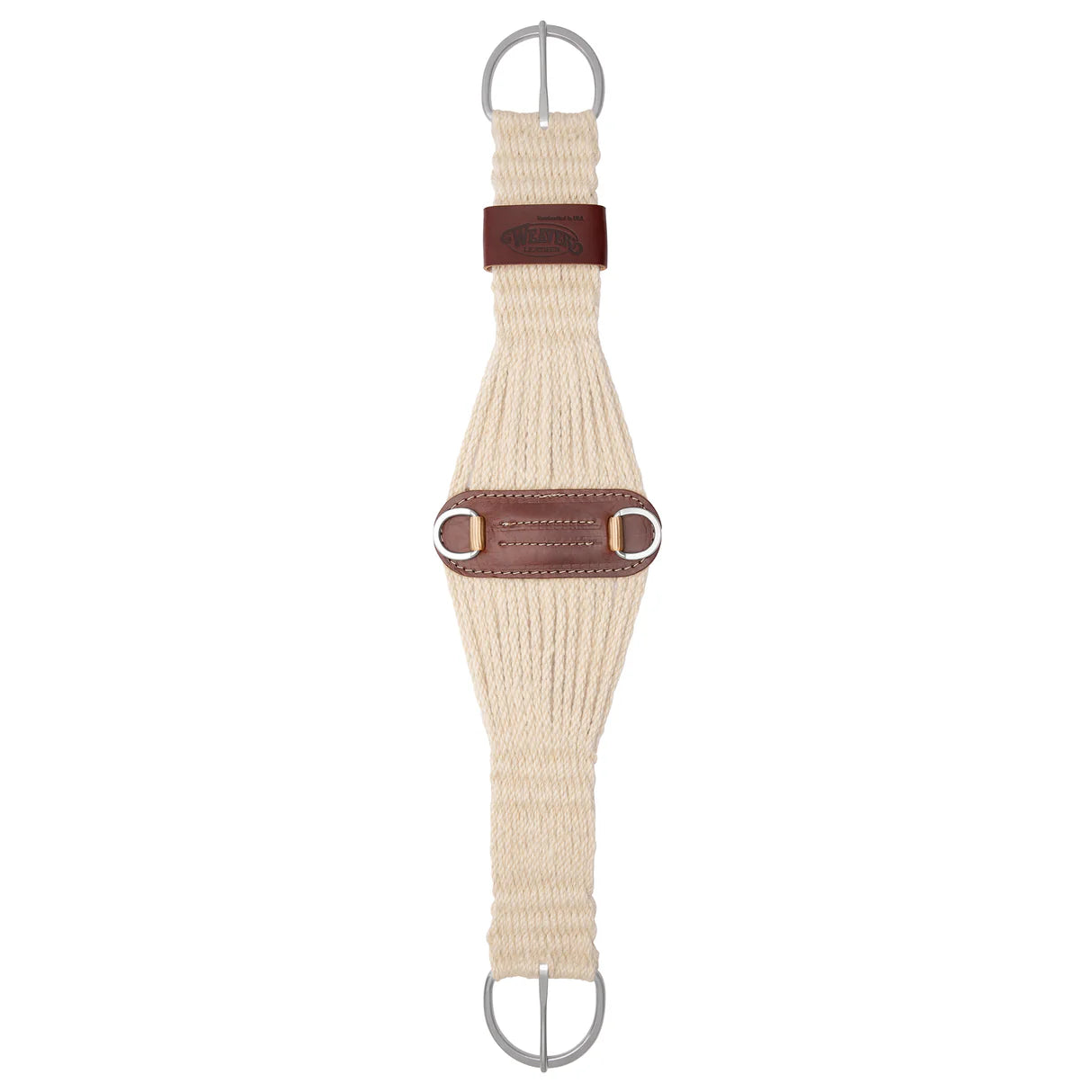 tan mohair roper cinch for horses with stainless steel buckles on a white background