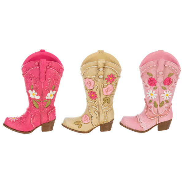 set of three bud vases from Ganz shaped like boots with flowers on them on a white background