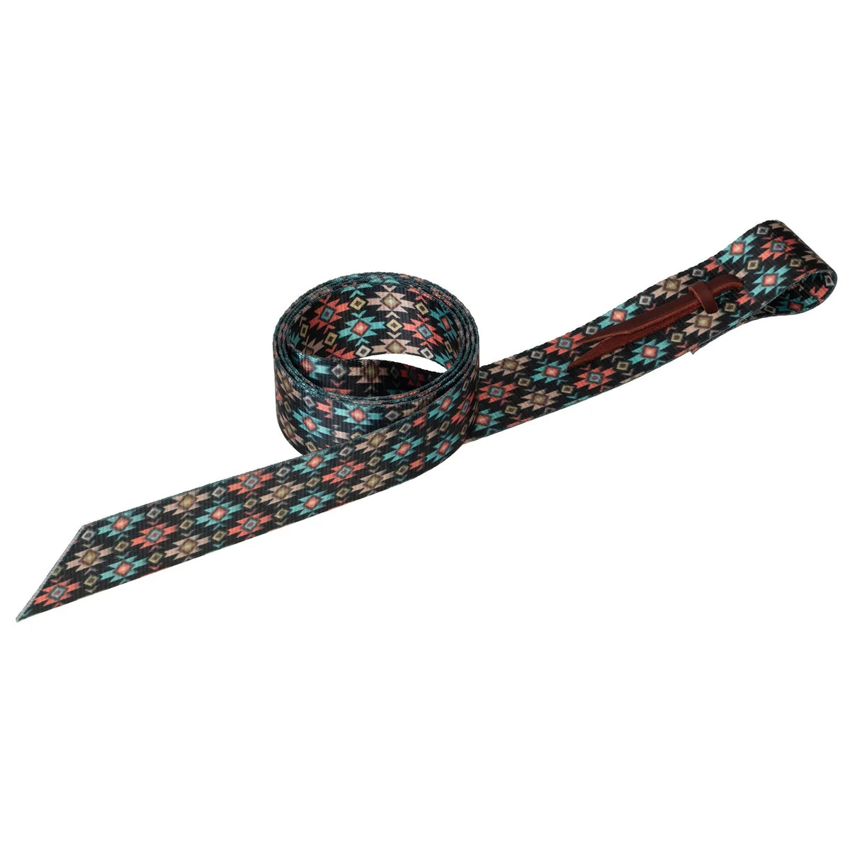patterend tie strap for use with a horse saddle on a white background
