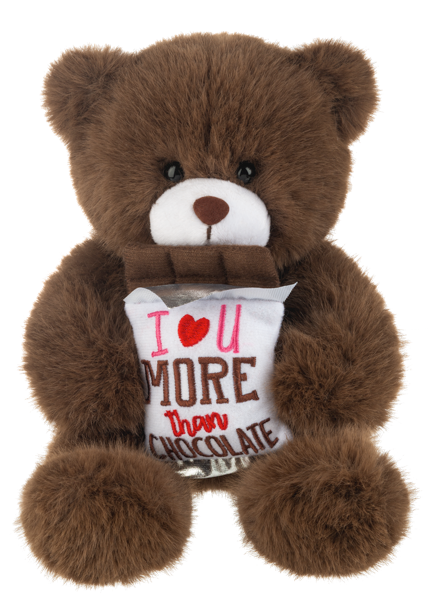 Brown teddy bear from Ganz holding a stuffed chocolate bar with 'I love you more than Chocolate' on a white background