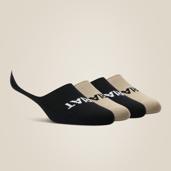 Three low-cut Ariat socks arranged in a fan shape on a light beige background.