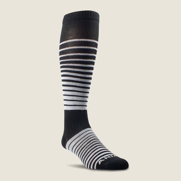 A single knee-high Ariat athletic sock with black, white, and gray horizontal stripes, shown on a light beige background.