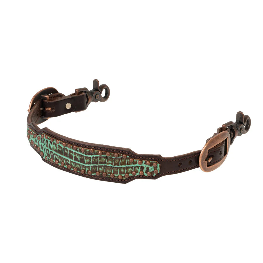 Brown leather wither strap with turquoise croc pattern on a white background