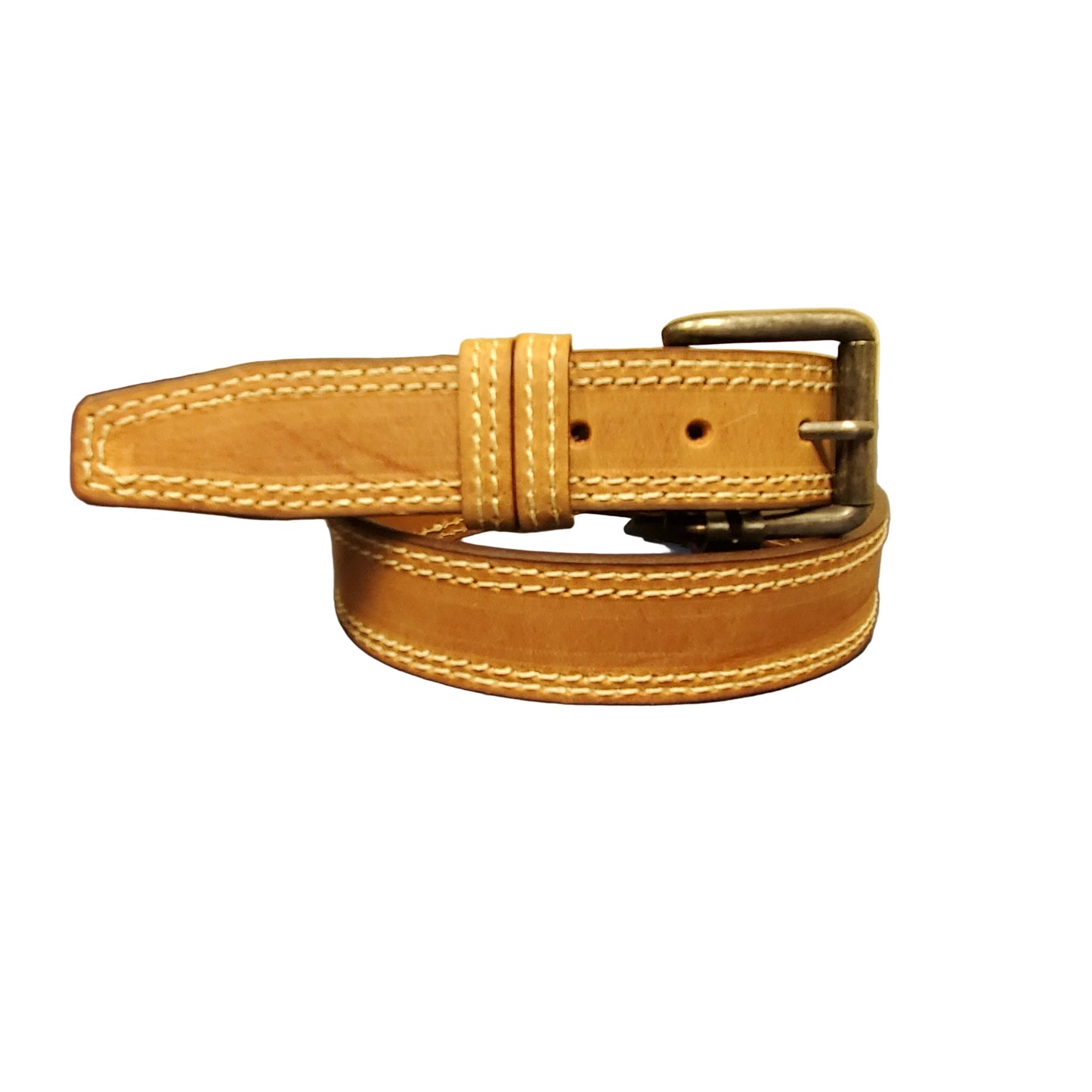 A light brown leather belt with white contrast stitching and a dark metal buckle, coiled on a white background
