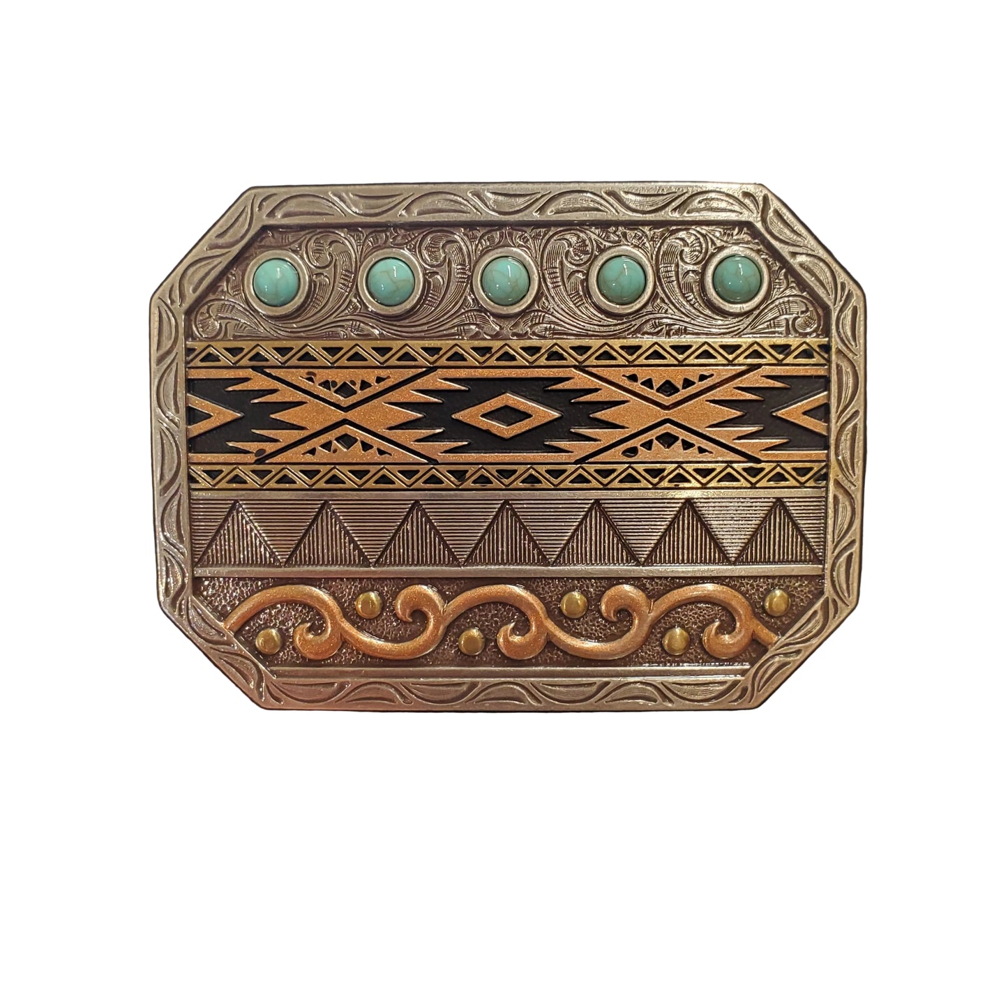 a smooth edge belt buckle with various western border prints in antique silver, copper and turquoise
