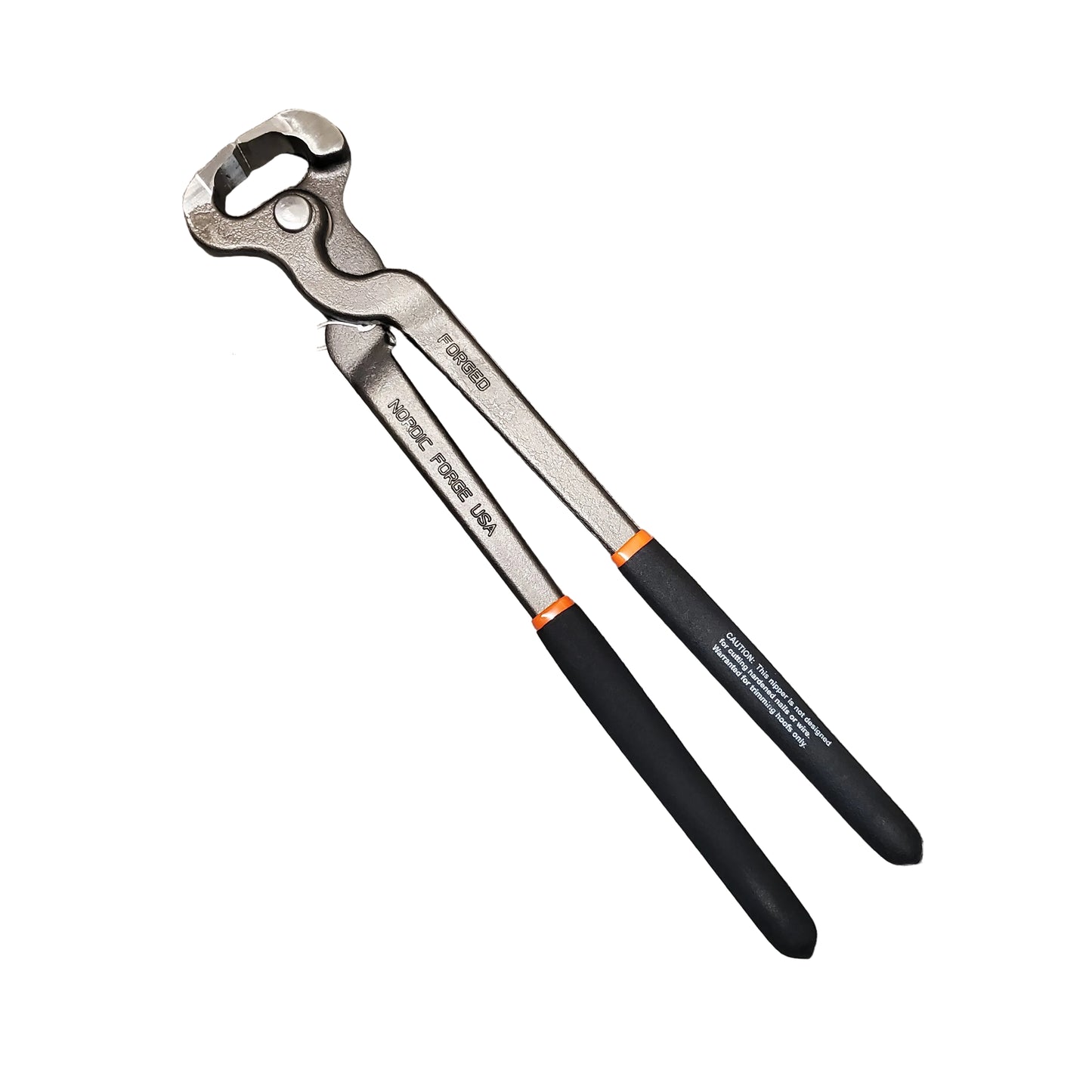 Pair of hoof nipper with black handles on a white background