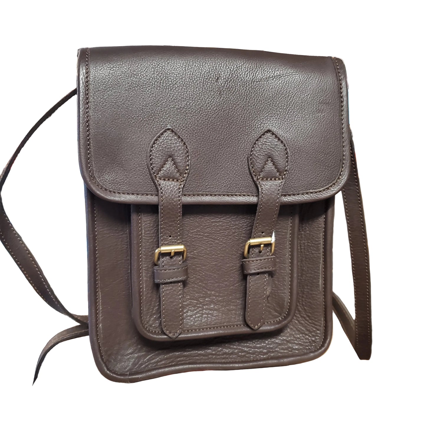 Brown leather crossbody purse with a double buckle closure