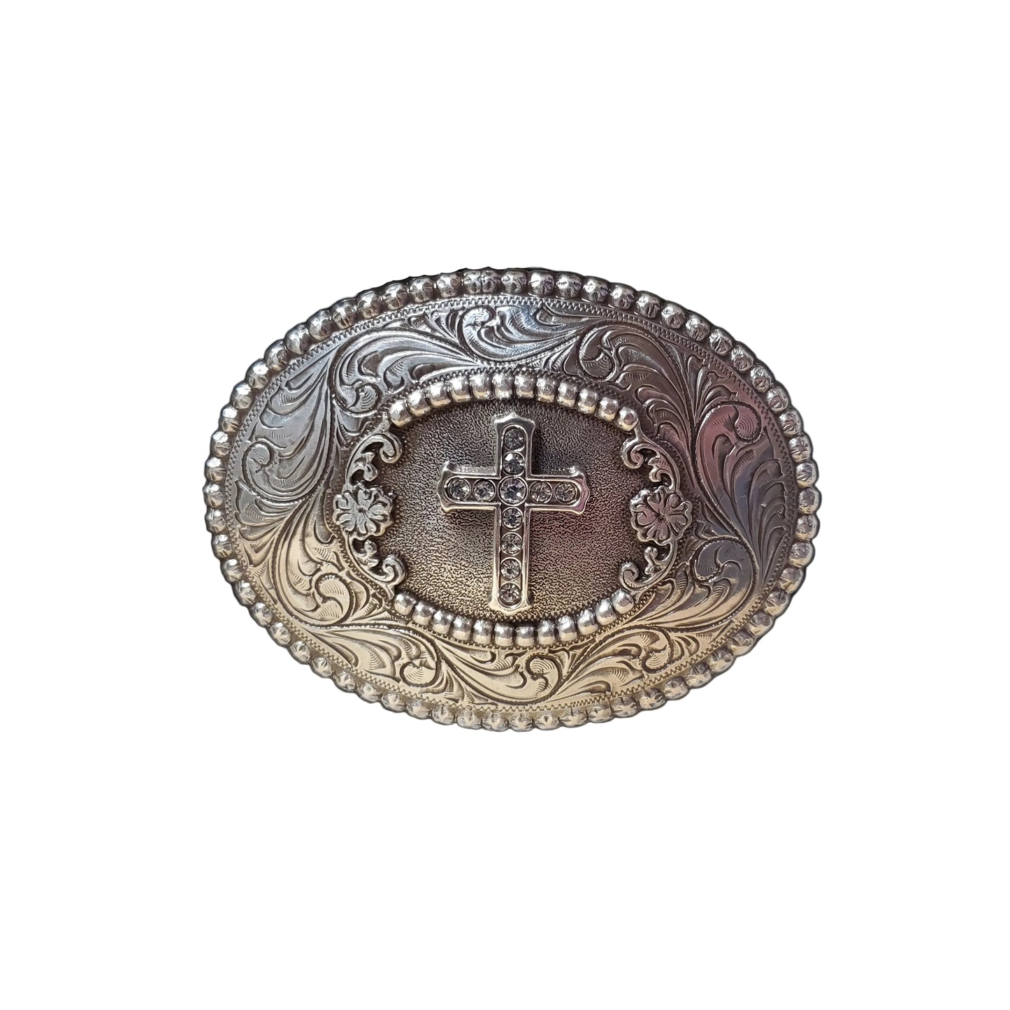 A silver-colored belt buckle with crystal details in an oval shape