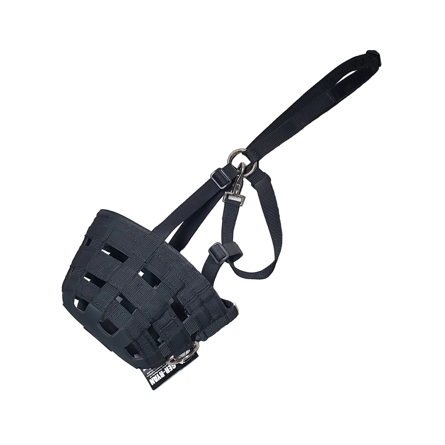 Black horse grazing muzzle with strap on a white background
