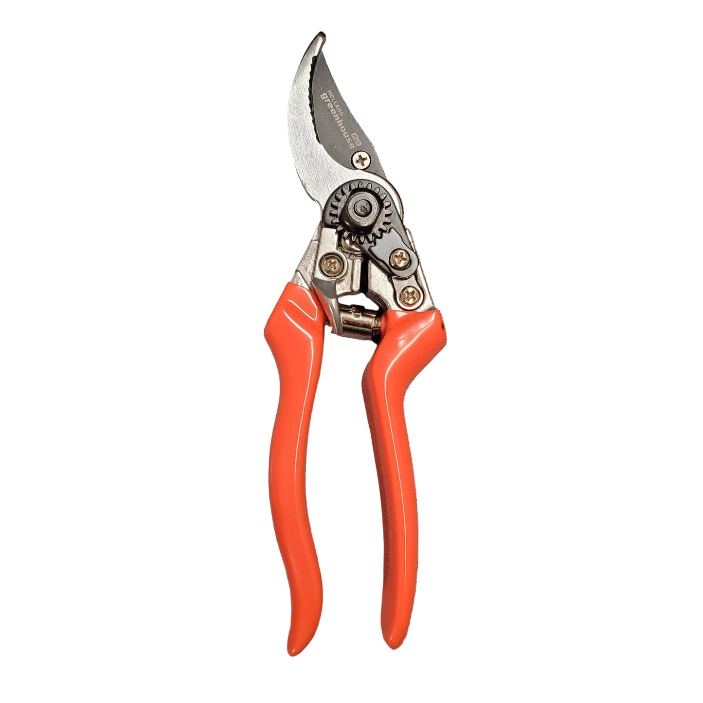 Gardening shears with orange handles on a white background
