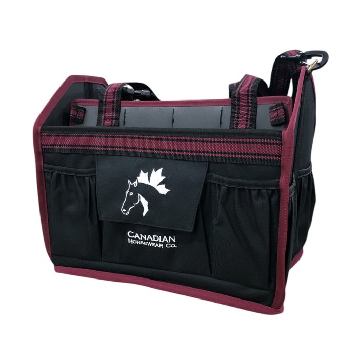 a black and wine collapsible grooming tote by canadian horsewear co