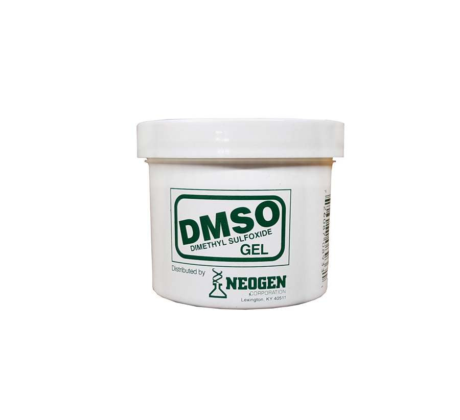 A container of DMSO by Neogen, which is a gel or liquid form of the chemical compound, labeled as not approved for human use.