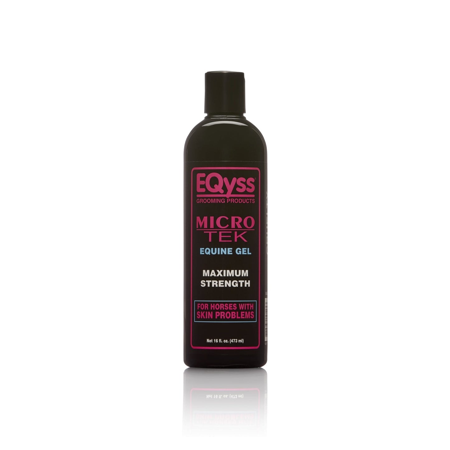 a black bottle with pink text saying EQyss micro tek equine gel maximum strength for horses with skin problems