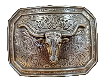 smooth edge buckle with a steerhead on a white background