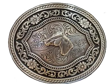 Buckle with horse head an floral detail on a black background