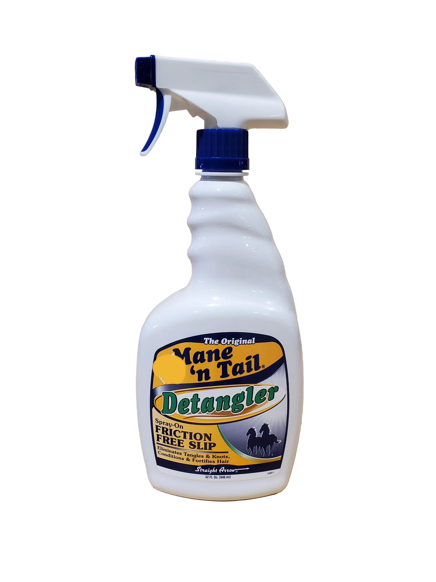 A spray bottle of Mane 'n Tail Spray-On Detangler with an orange label on a white background