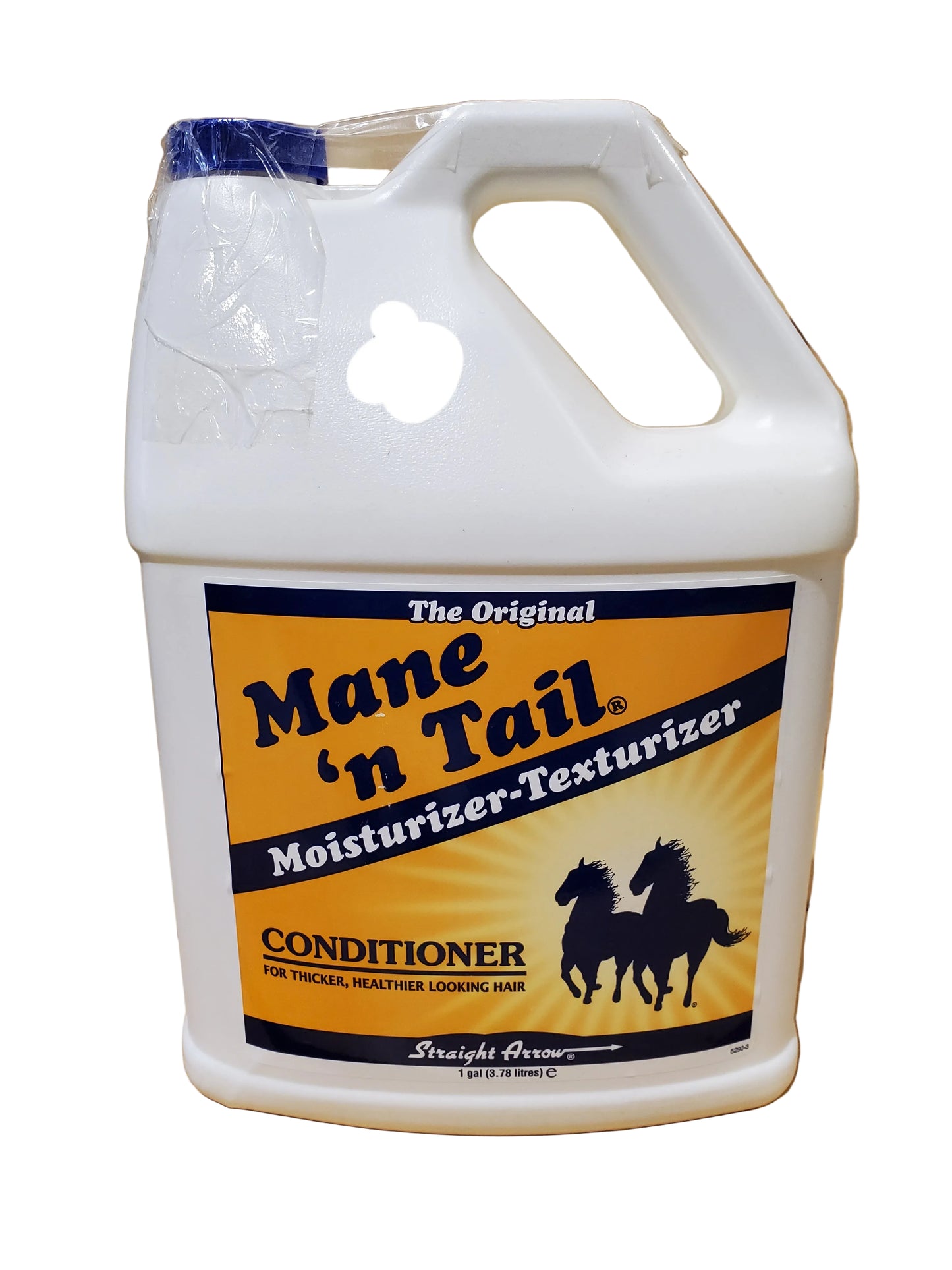 A white plastic container of Mane 'n Tail original conditioner with blue and orange text, featuring an image of a horse and rider on the label.