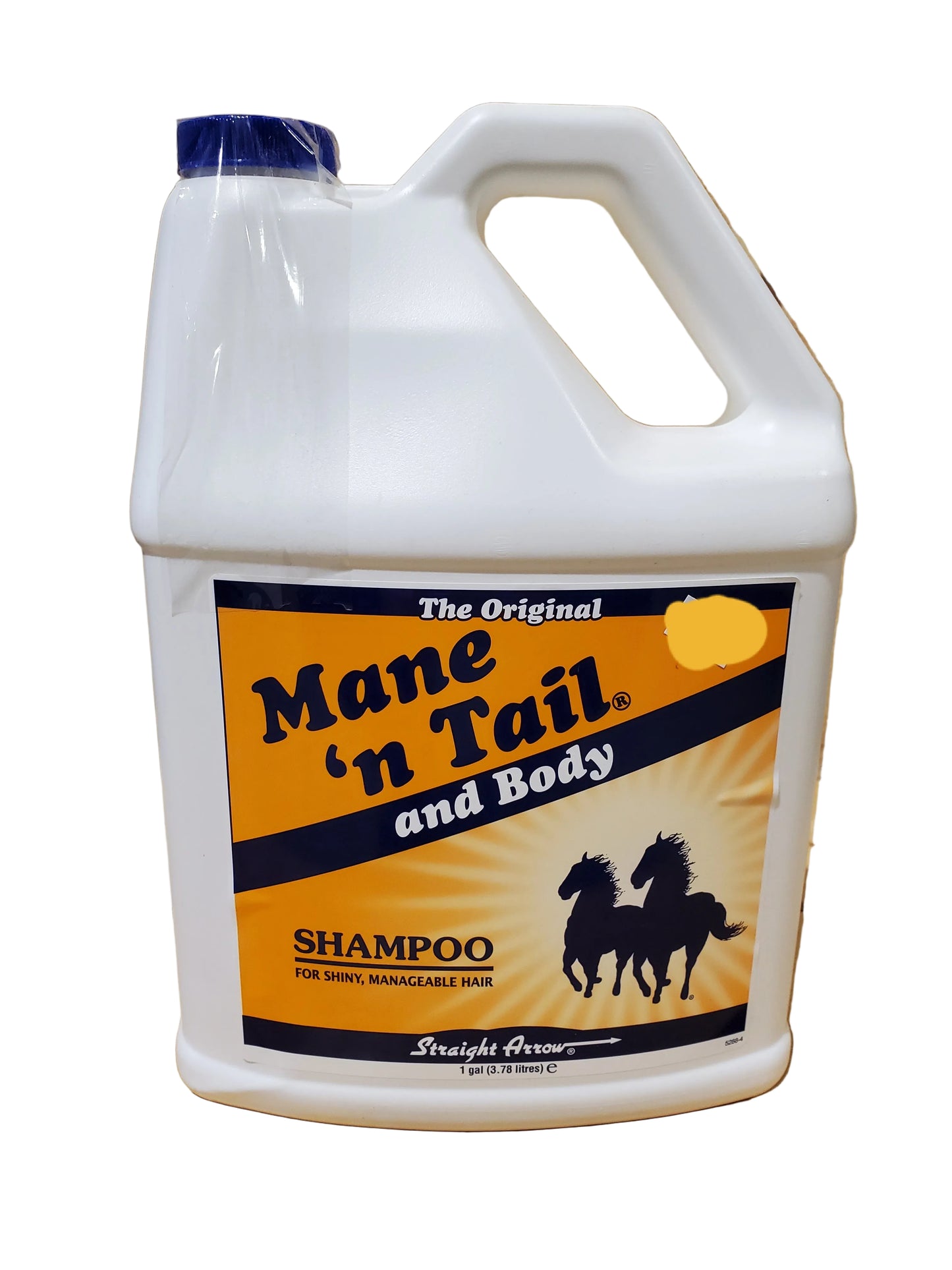A white plastic jug of Mane n' Tail shampoo with a label featuring a horse and the text 'The Original Mane n' Tail and Body SHAMPOO'.