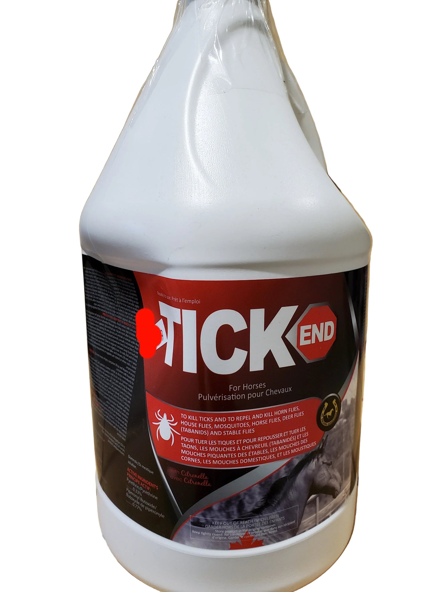 a 4 litre jug of tick end with a red and black label