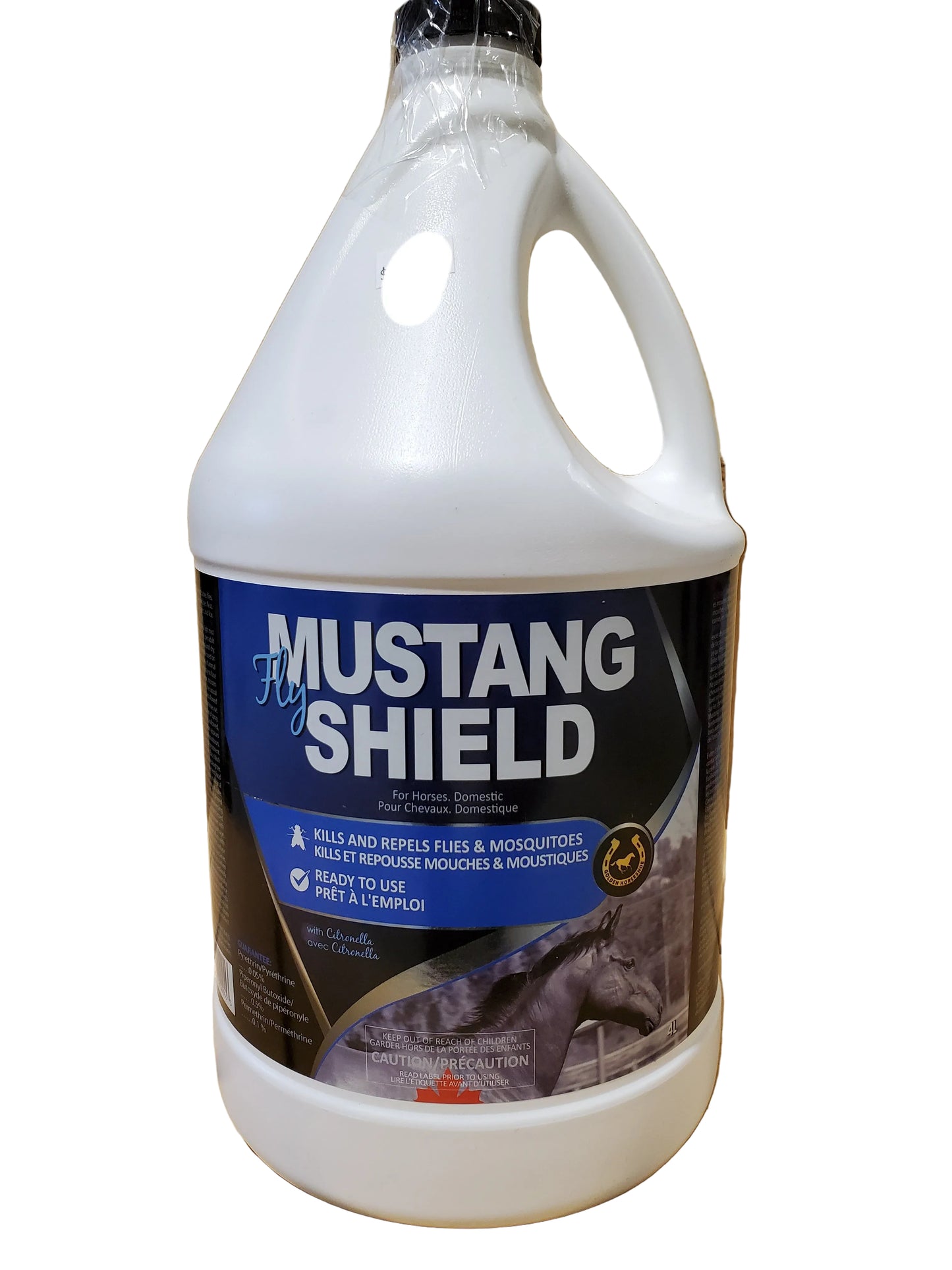 A white plastic bottle labeled 'MUSTANG FLY SHIELD' with graphics indicating its use for horses and fly spray.