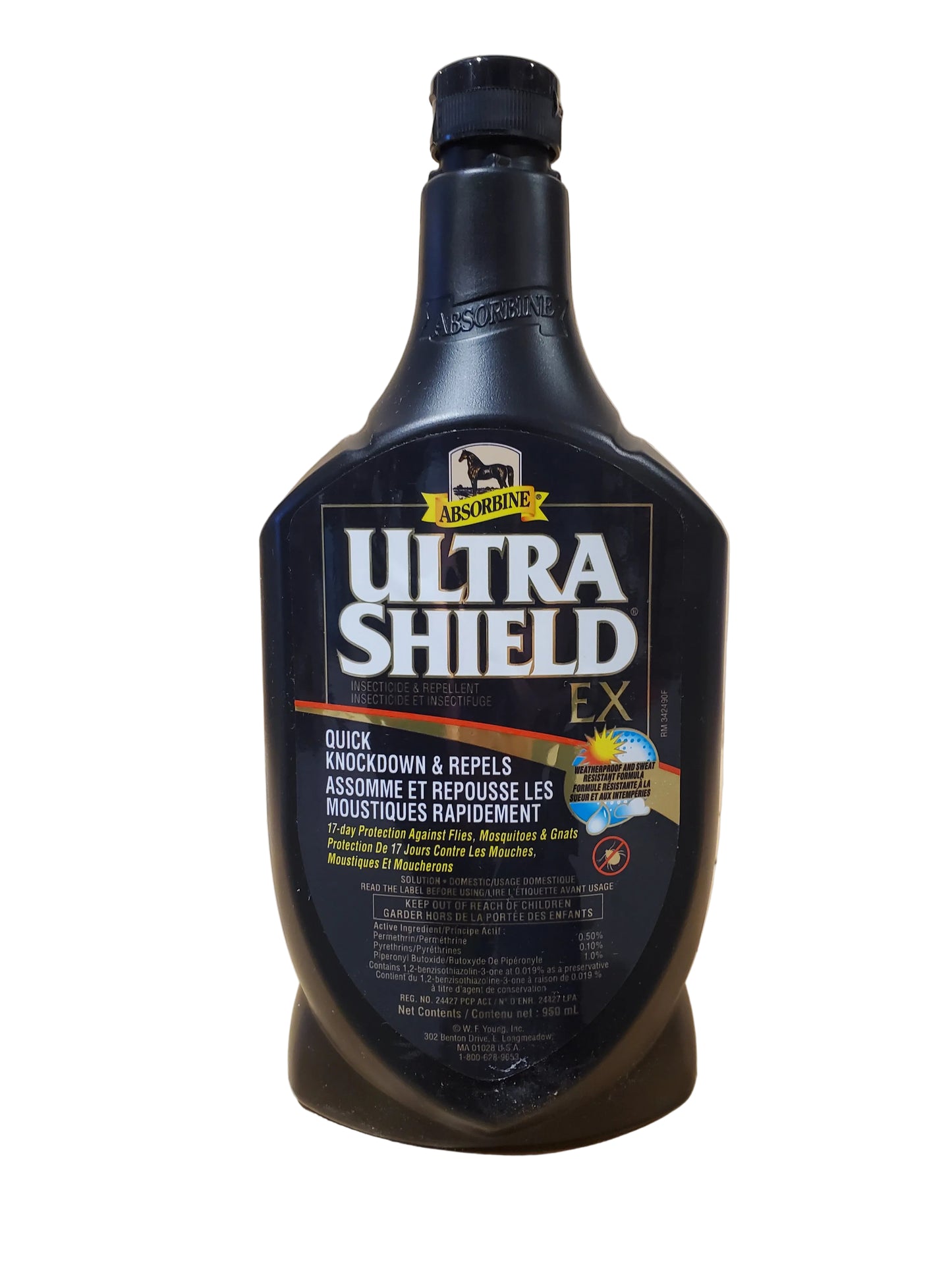 A spray bottle of Ultra Shield EX Insecticide & Repellent by Absorbine, designed for repelling biting insects from horses.