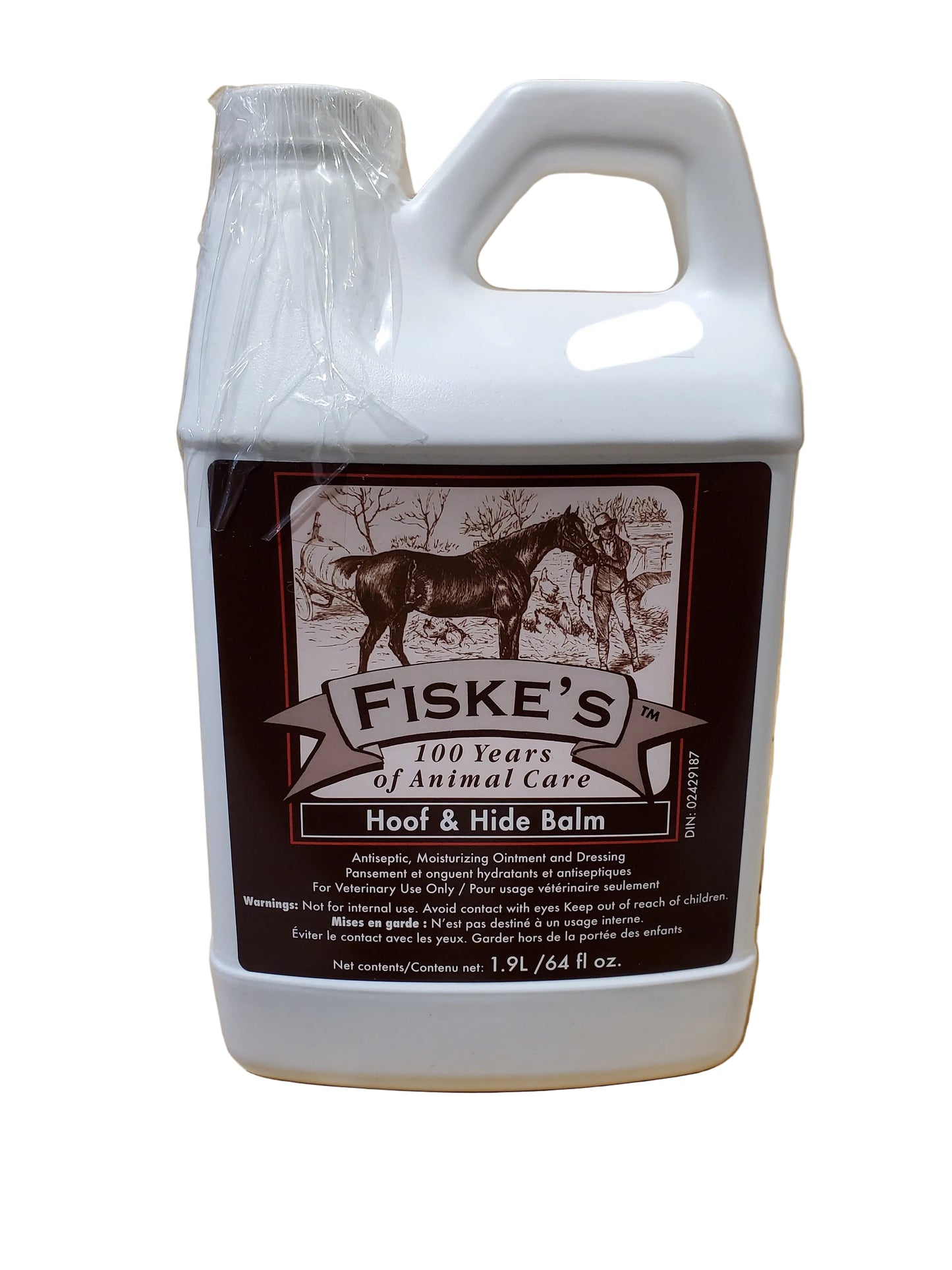A jug of Fiske's Hoof & Hide Balm with a red cap and a brush for application, labeled as an antiseptic and moisturizing ointment for equine use.