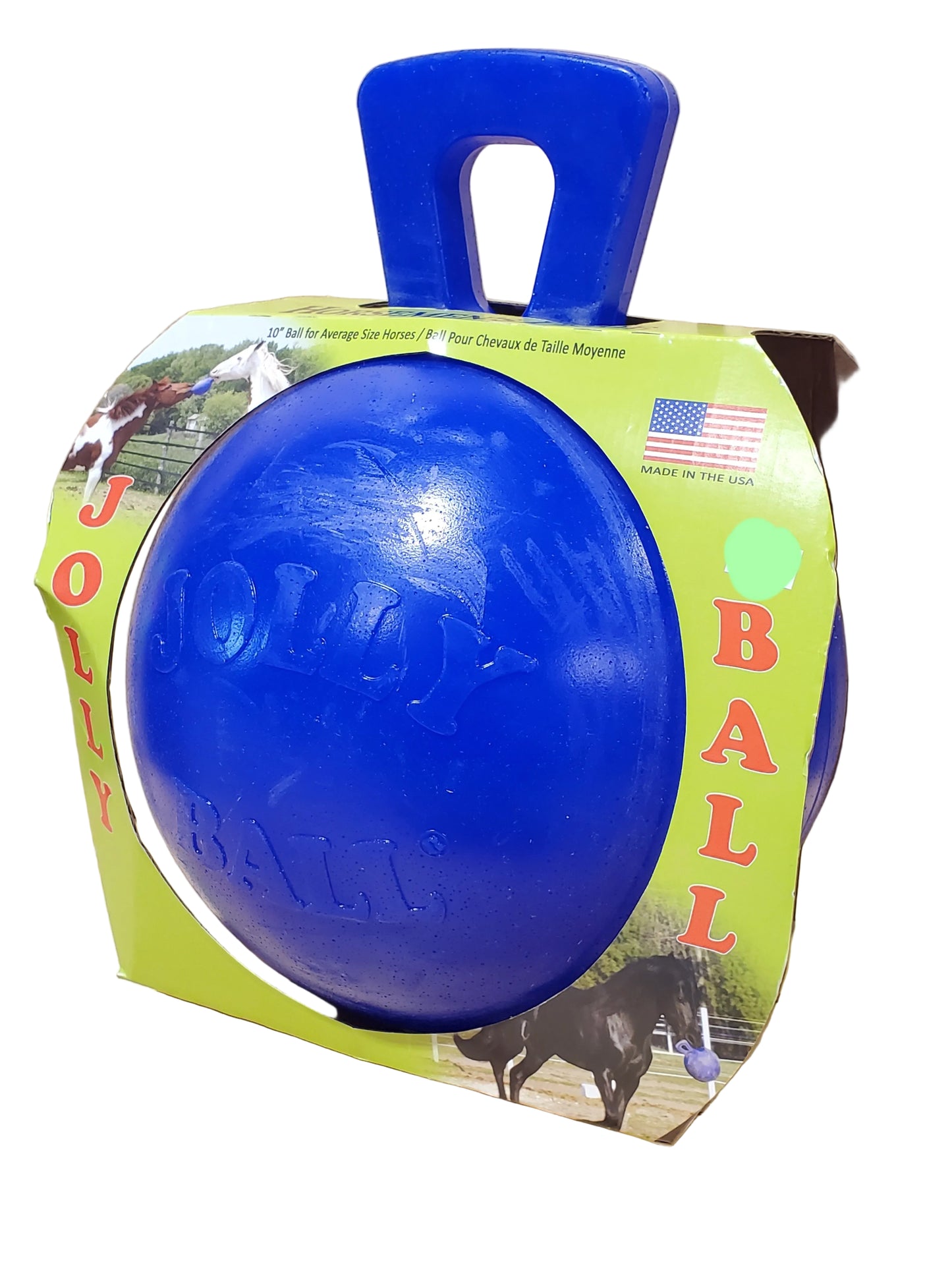 An 8-inch blue Jolly Ball by Horseman's Pride with a handle, designed for horses to play with.