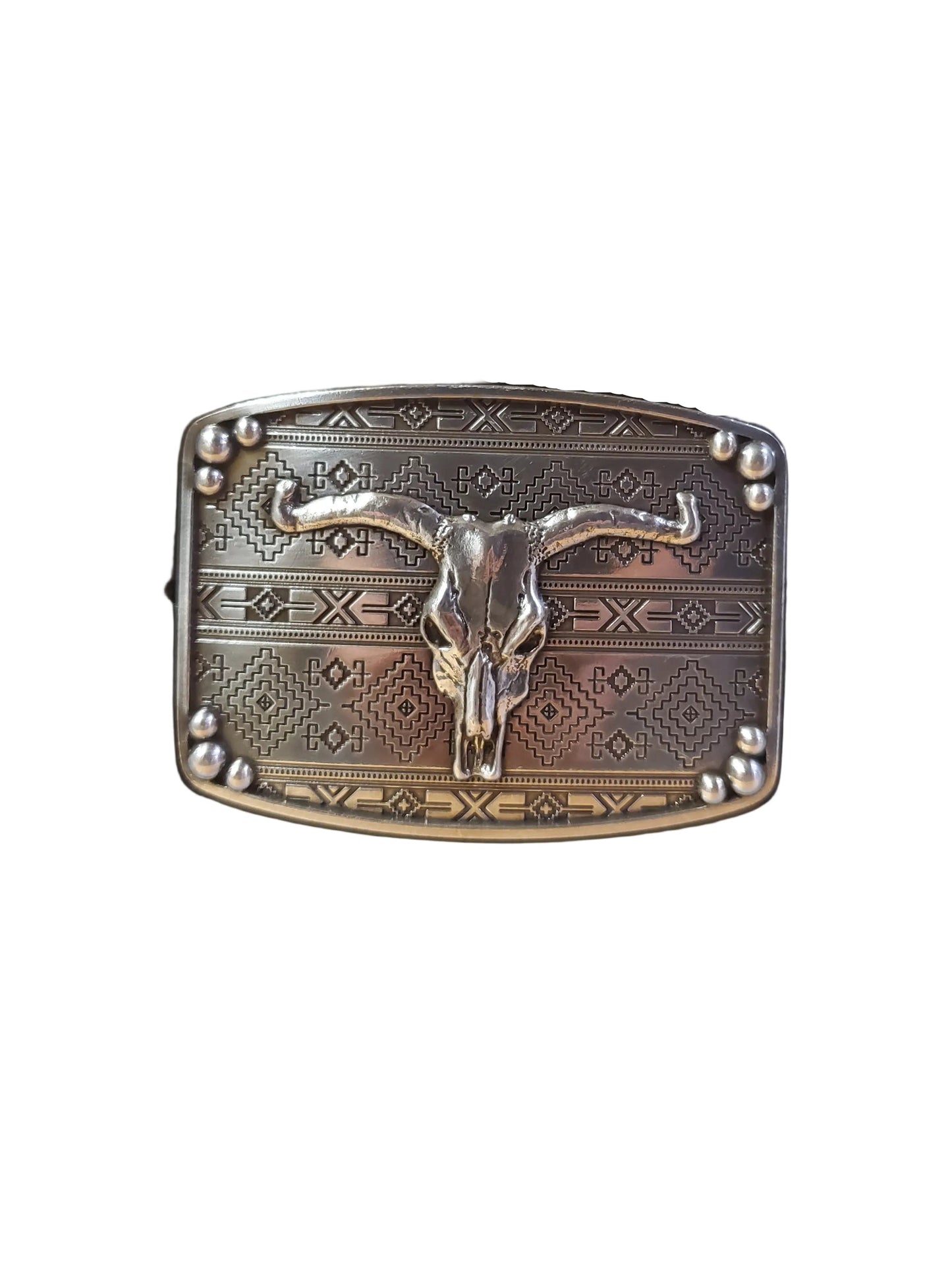 A Southwest Steerhead Belt Buckle by Nocona displayed in an open box, with a steer head design.