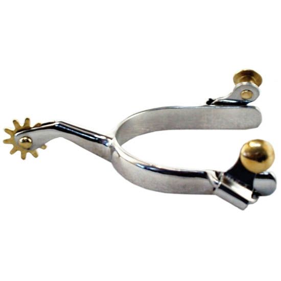 a silver colored metal spur with brass colored 10 point rowel and buttons on a white background