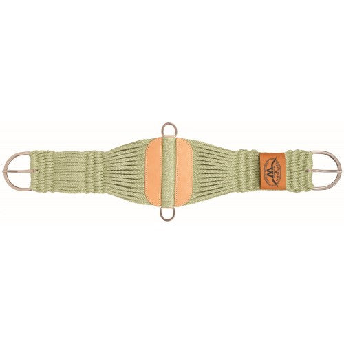 a bamboo rope cinch designed for ropers with steel hardwareon a white background