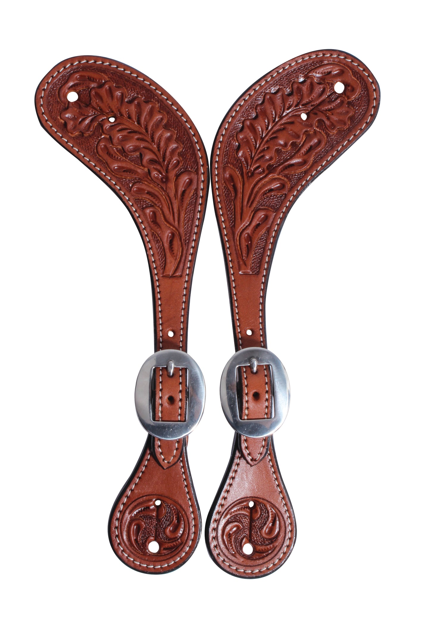 leather spur straps with an oak leaf pattern and stainless steel buckles on a white background