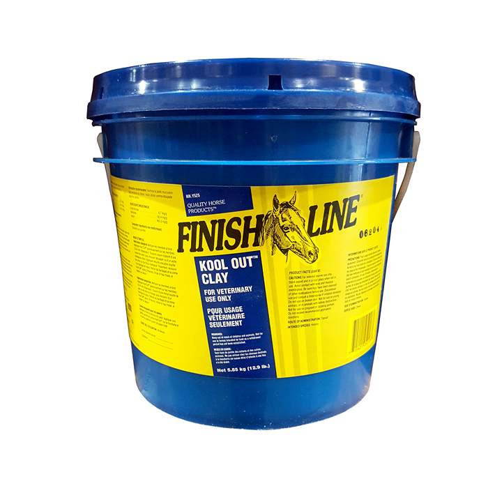 A blue bucket labeled 'Kool Out Clay' for veterinary use by Finish Line.