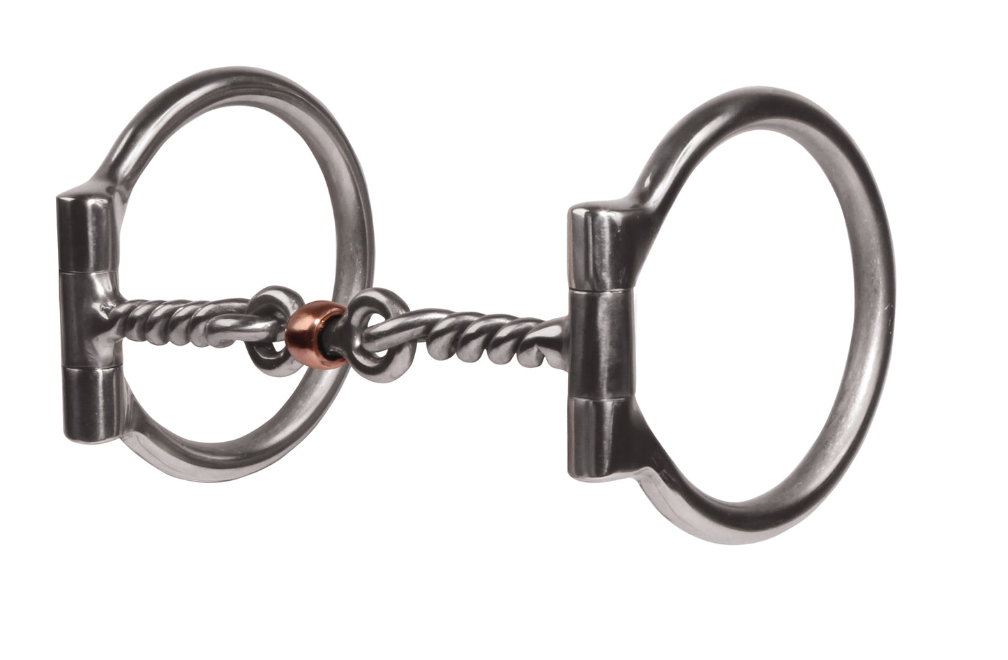 A twisted wire dogbone D ring bit typically used for horse tack, showing two circular rings connected by a twisted metal bar.