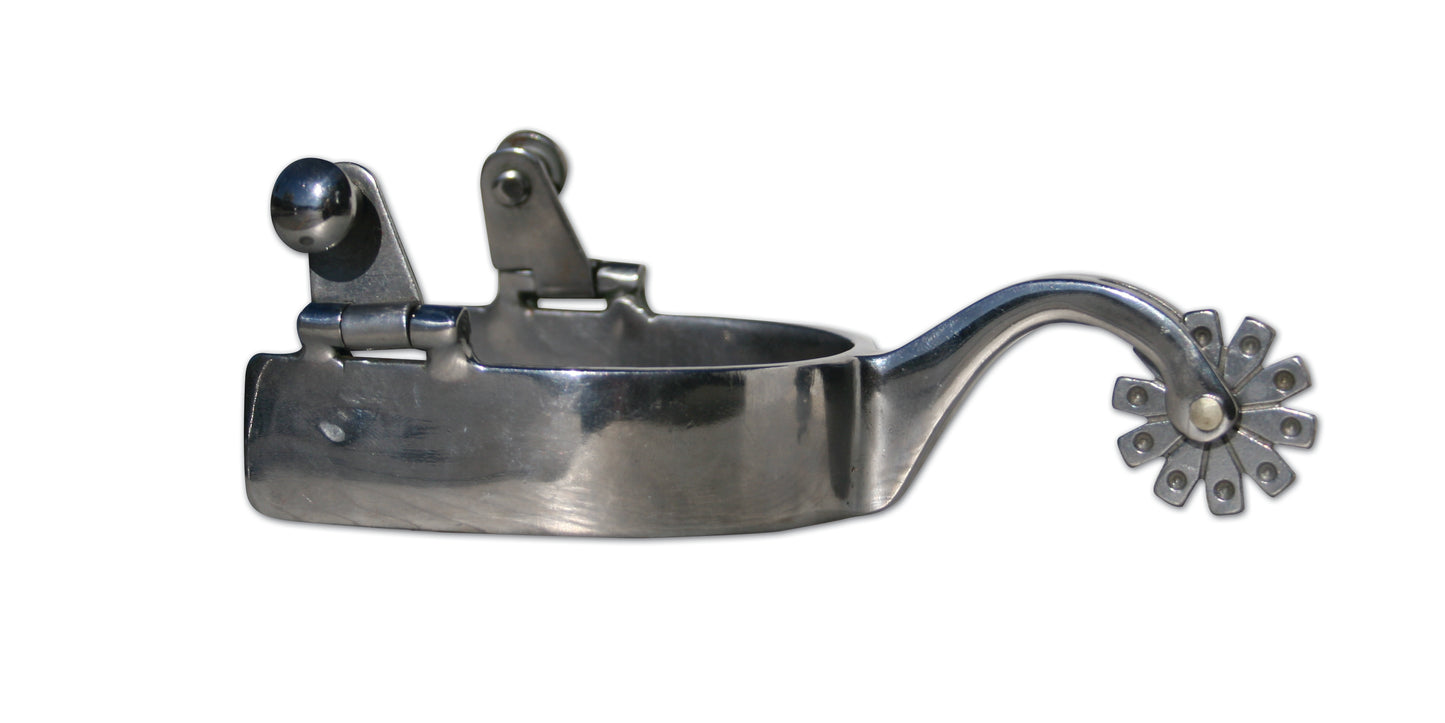 A silver-colored metal equestrian spur with a rowel and a shank, designed for horse tack.