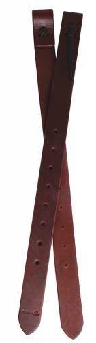 A set of two heavy oil brown flank billets for horse harnesses, laid out in a crisscross pattern.