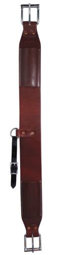 Heavy oiled harness leather flank cinch with stainless steel roller buckles and a connector strap