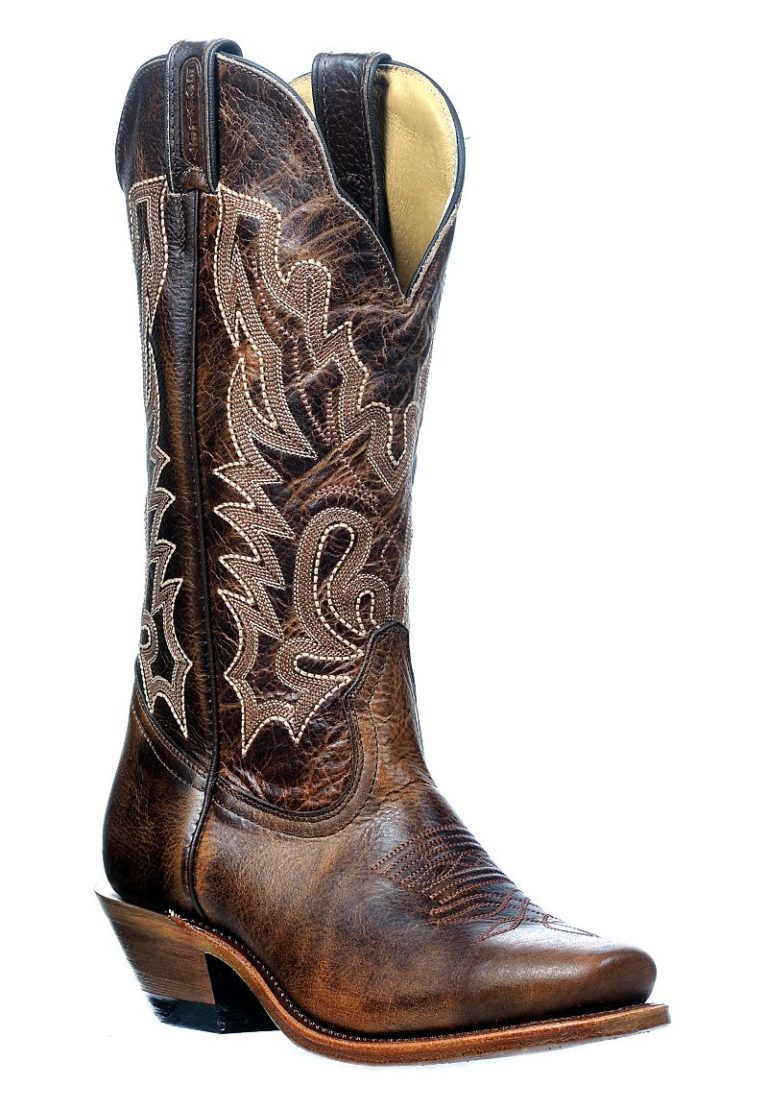 Brown Boulet cowboy boot with intricate stitching on a white background