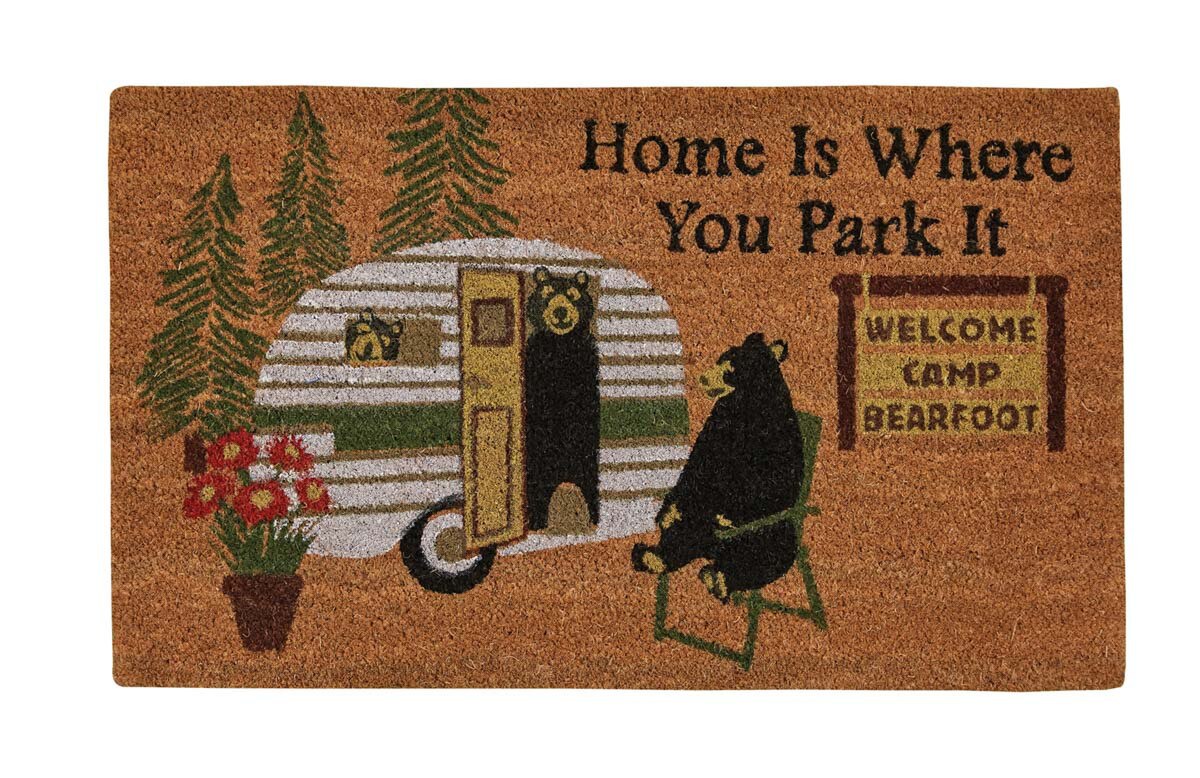 Doormat with camper and bear design, text 'Home is where you park it, Welcome Camp Bearfoot'.