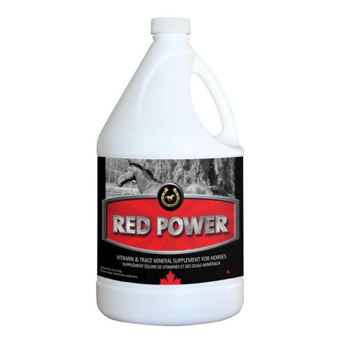White bottle of Red Power vitamin and trace mineral supplement for horses on a white background