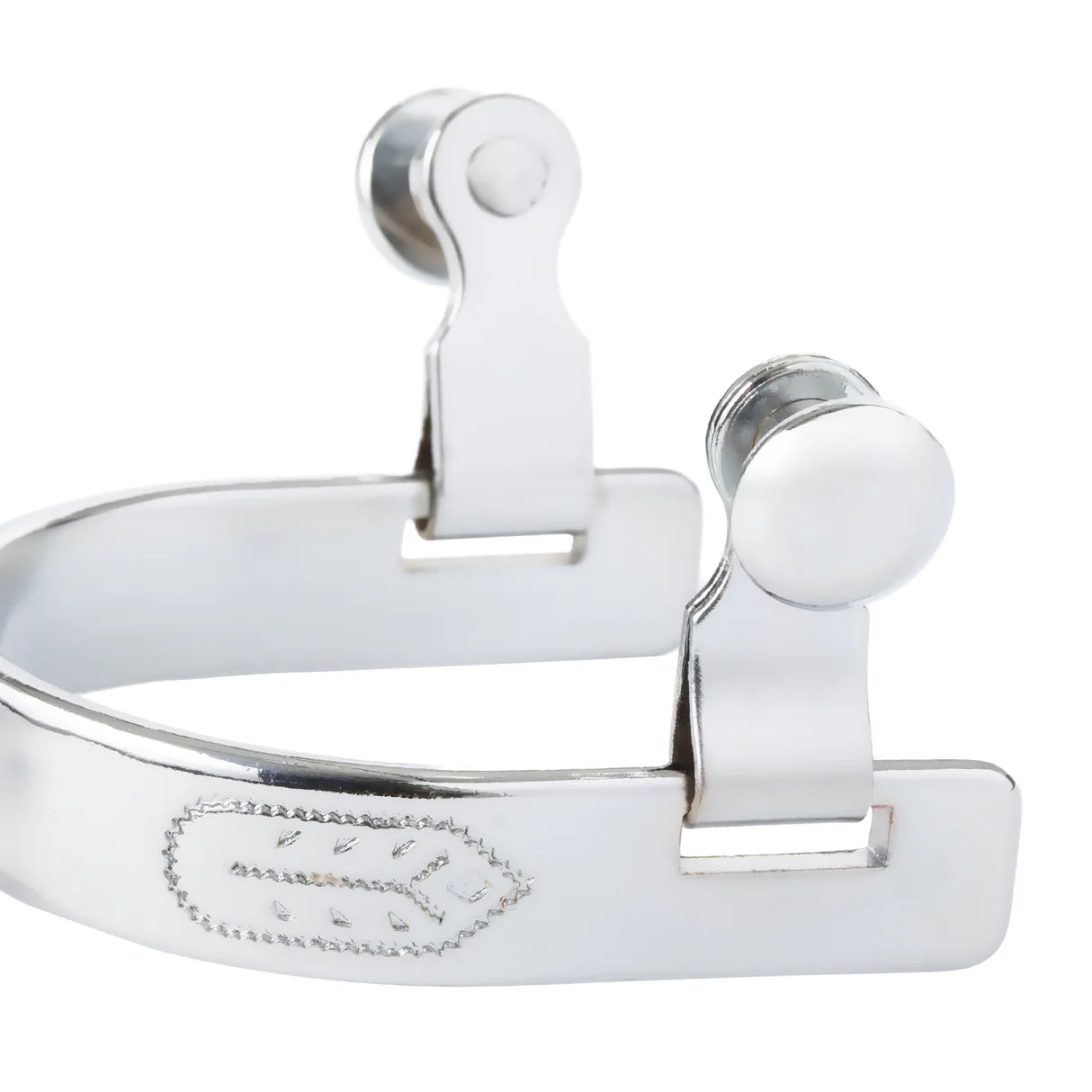 close up of silver colored spur band and button on a white background